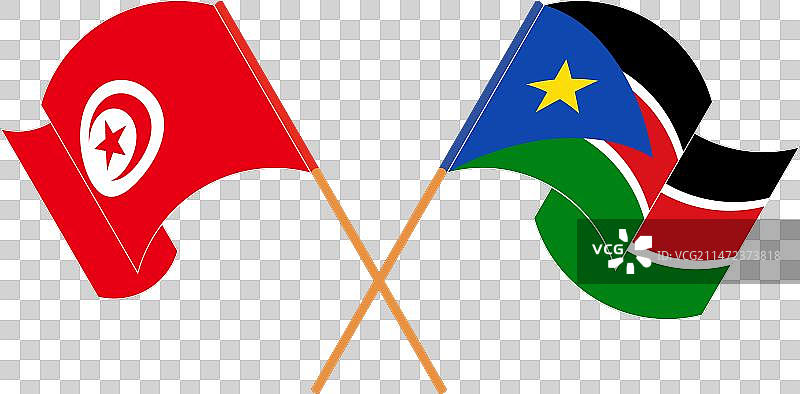 突尼斯和南苏丹交叉飘扬的旗帜图片素材