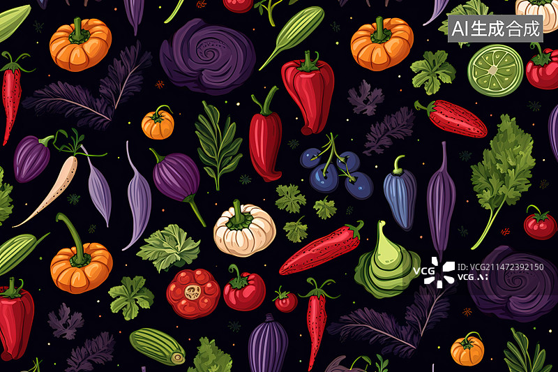 【AI数字艺术】黑色背景下各种蔬菜的全画幅拍摄图片素材