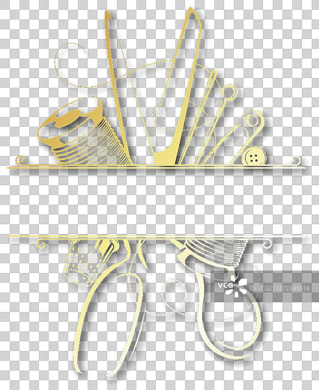 金色缝纫剪刀、针和顶针图片素材