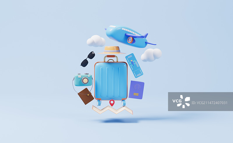 卡通行李箱与旅行主题3D插画图片素材