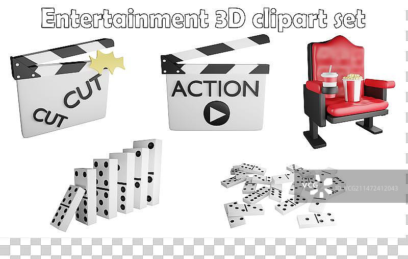 棋盘游戏和电影剪贴画元素3D渲染图片素材