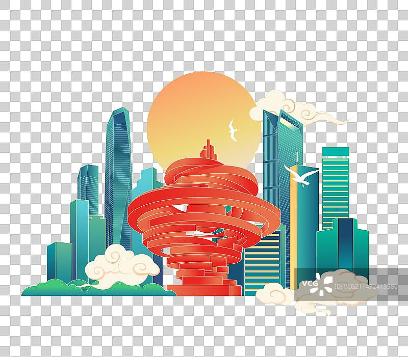 国风青岛城市地标建筑插画图片素材