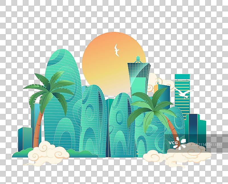 国风三亚城市地标建筑插画图片素材