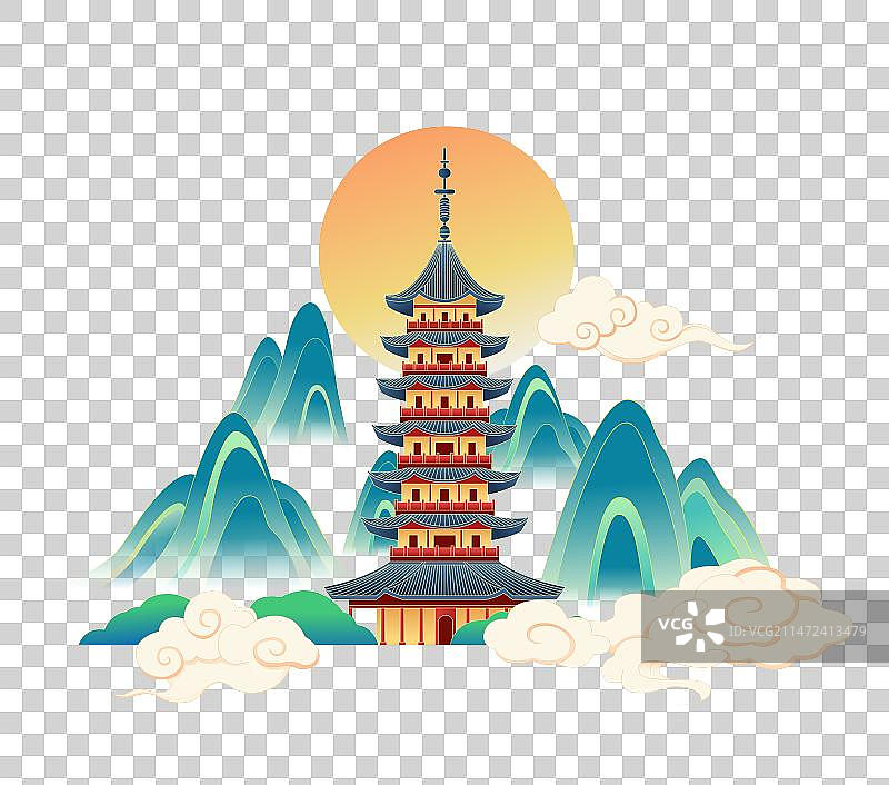 国风苏州城市地标建筑插画图片素材