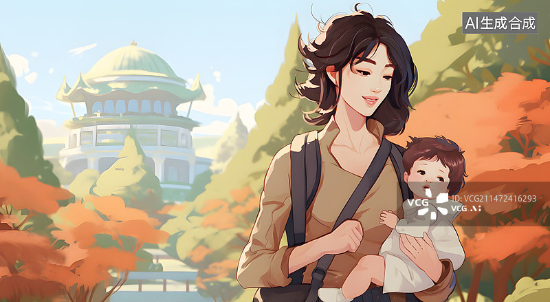 【AI数字艺术】AIGC:年轻的妈妈抱着小孩 插画插图图片素材