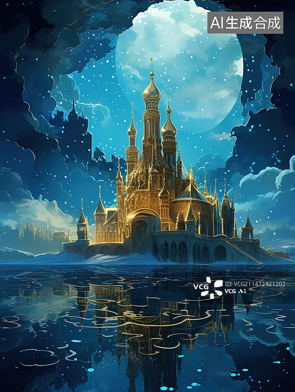 【AI数字艺术】夜幕下的教堂和倒影图片素材