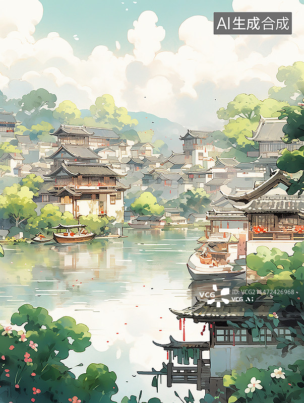 【AI数字艺术】水墨风江南水乡插画图片素材