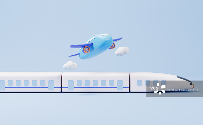 卡通飞机与高铁旅行概念3D插画图片素材