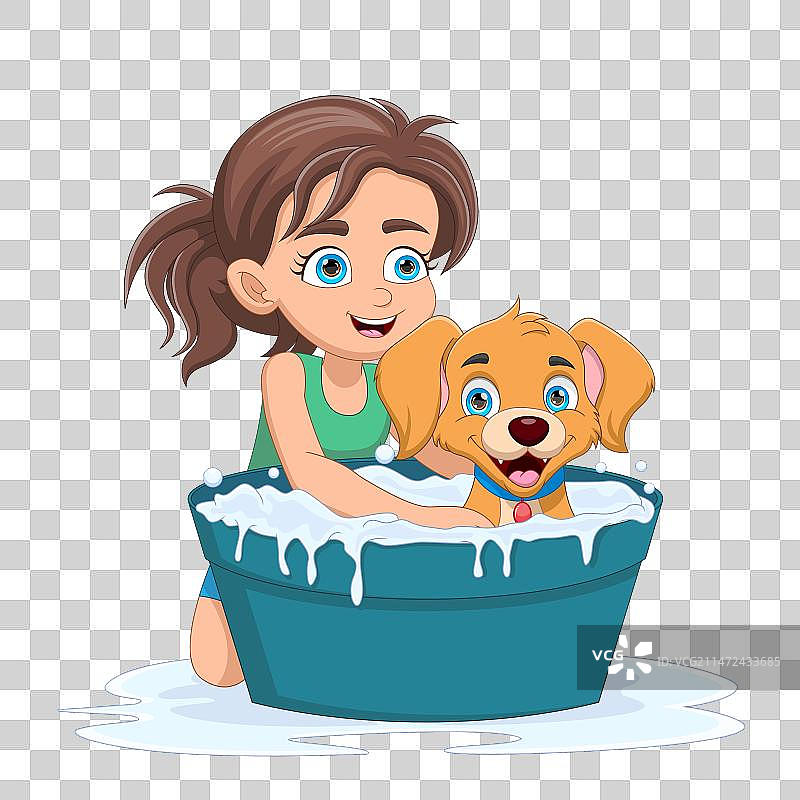 快乐的女孩给桶里的狗洗澡图片素材