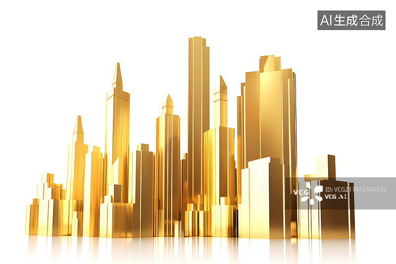 【AI数字艺术】白色背景上的3D黄金楼房建筑图片素材