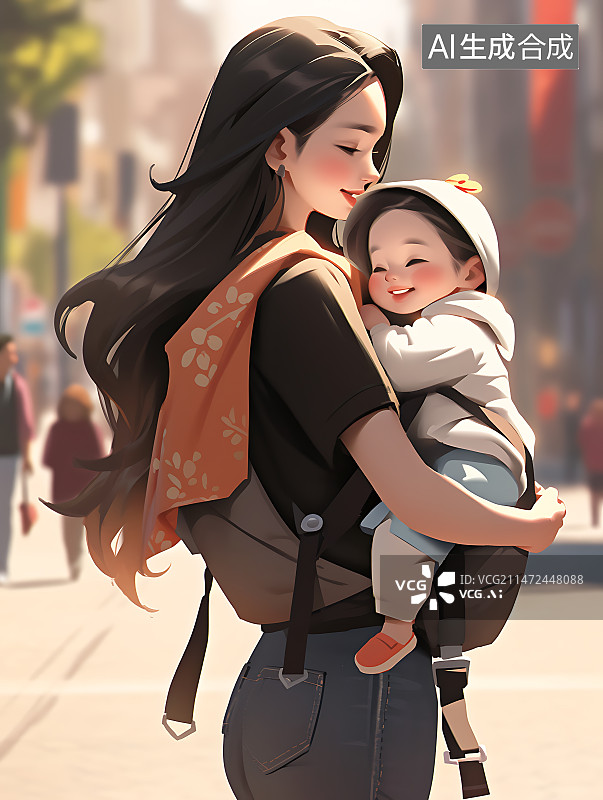 【AI数字艺术】街头带娃散步年轻女子图片素材