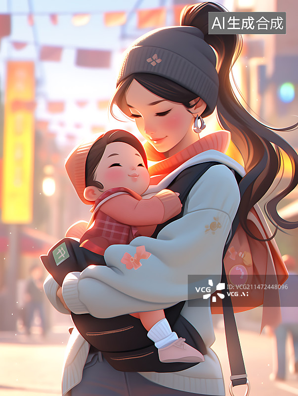 【AI数字艺术】街头带娃散步年轻女子图片素材