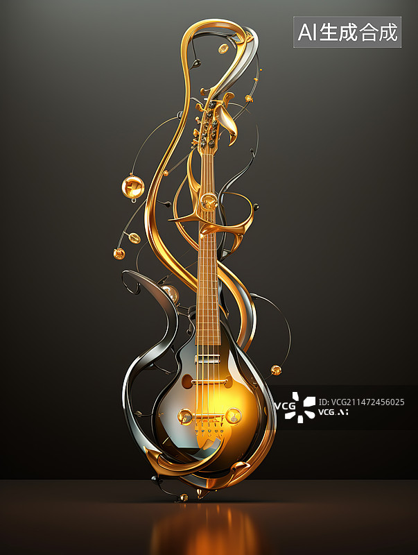 【AI数字艺术】黑色背景下桌子上的吉他特写镜头图片素材