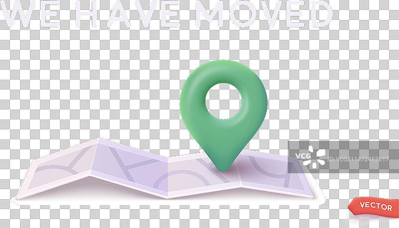 我们已搬迁3D概念地图，带图钉图标3D网页图片素材