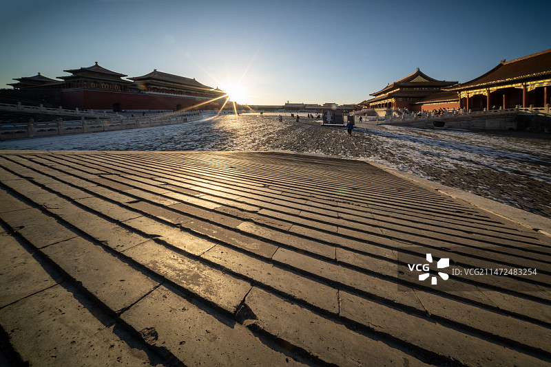 北京故宫午门金水桥太和殿夕阳全景图片素材