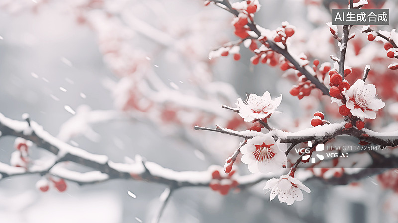 【AI数字艺术】梅花枝头的积雪特写插画图片素材