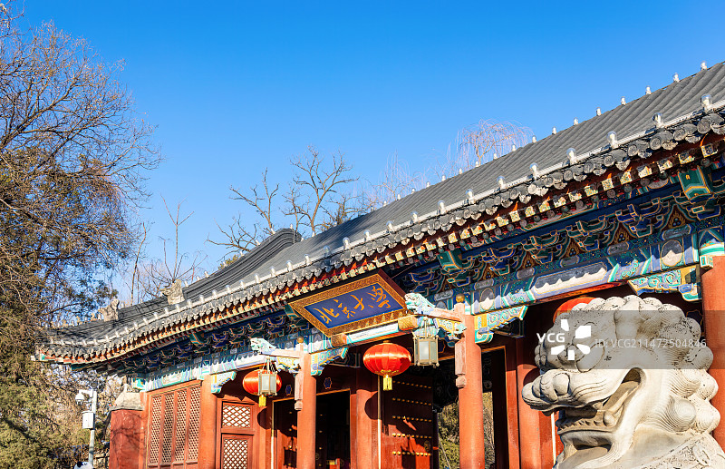 冬日暖阳下为迎接元旦挂着红灯笼的北京大学西门、匾额、石狮子图片素材