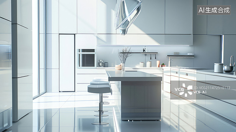 【AI数字艺术】未来的白色设计感厨房图片素材