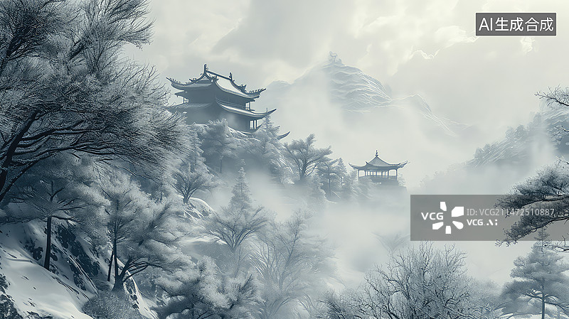 【AI数字艺术】雪景和古老的城墙建筑背景图片素材