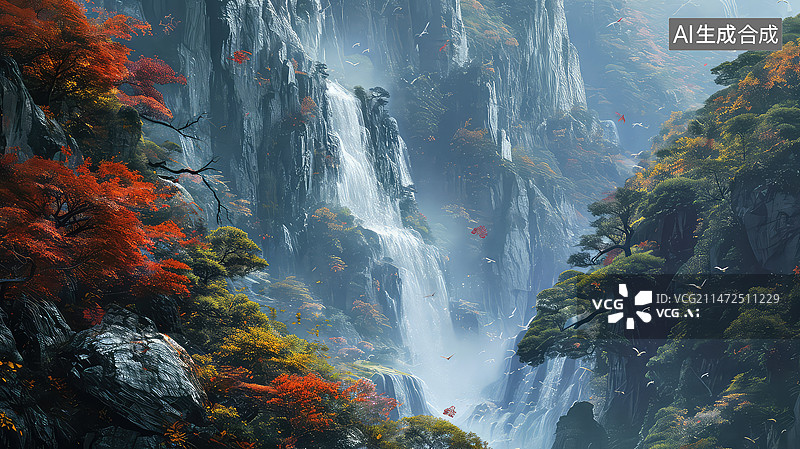 【AI数字艺术】高山流水，飞流直下三千尺图片素材