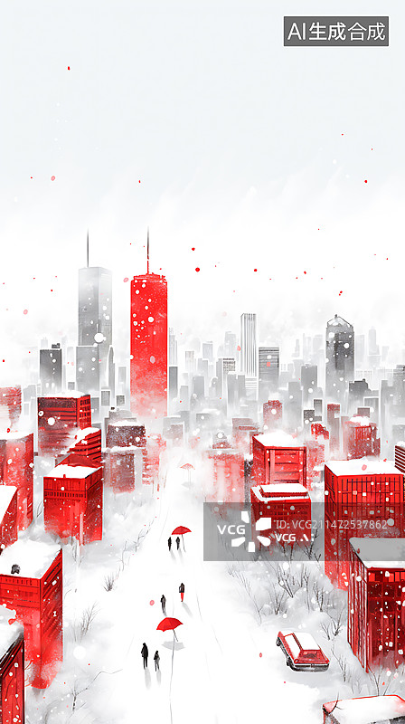 【AI数字艺术】雪天城市插画红色图片素材