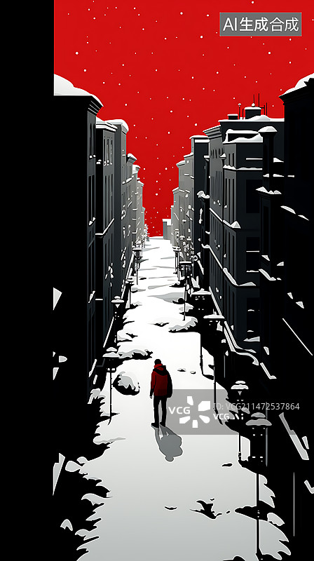 【AI数字艺术】雪天城市插画红色图片素材