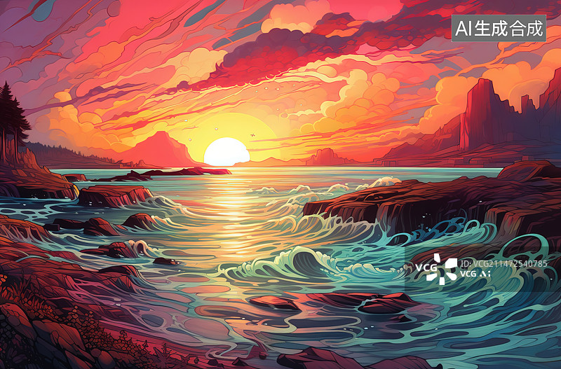 【AI数字艺术】日落时海景映衬着戏剧性的天空图片素材