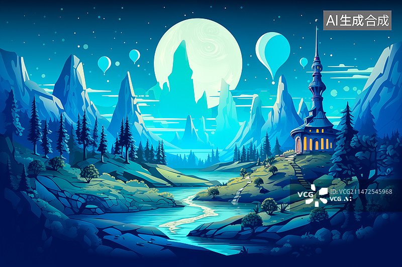 【AI数字艺术】蓝色山谷屋子图片素材