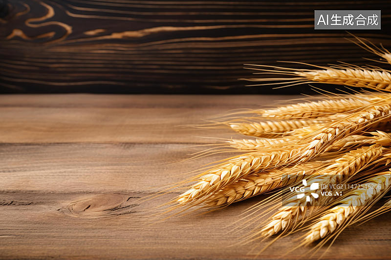 【AI数字艺术】木板上的小麦顶视图，面包店用食物背景概念插图图片素材