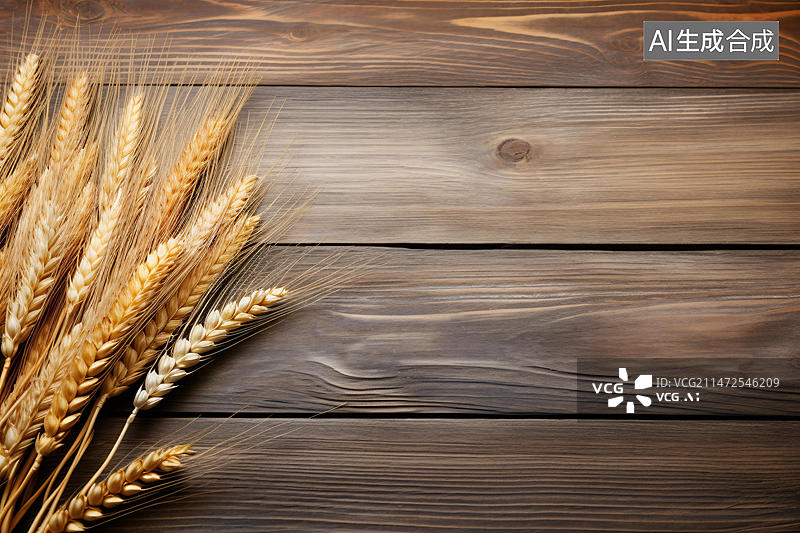【AI数字艺术】木板上的小麦顶视图，面包店用食物背景概念插图图片素材