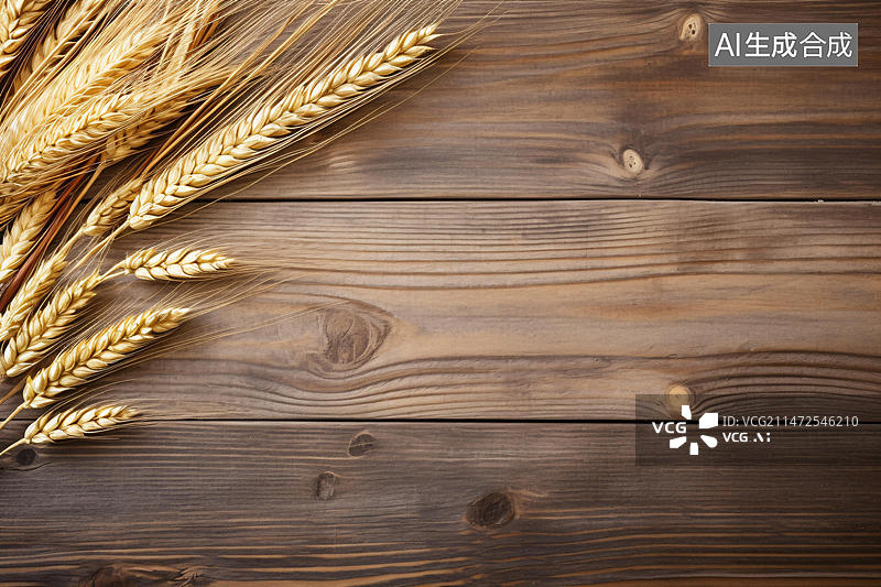 【AI数字艺术】木板上的小麦顶视图，面包店用食物背景概念插图图片素材