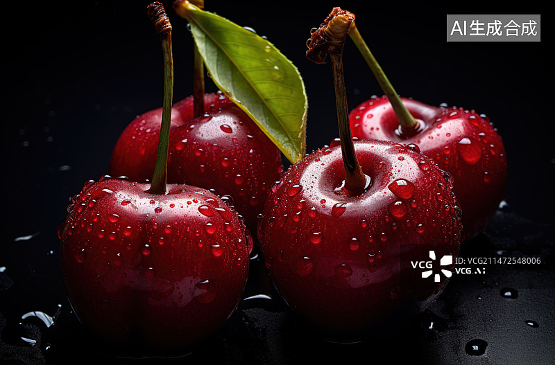 【AI数字艺术】黑色背景下的湿樱桃特写镜头图片素材