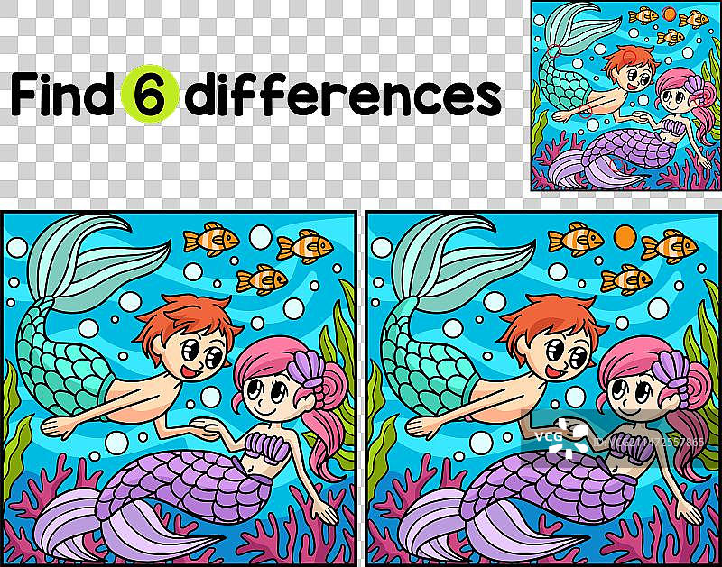 美人鱼和男美人鱼找不同图片素材