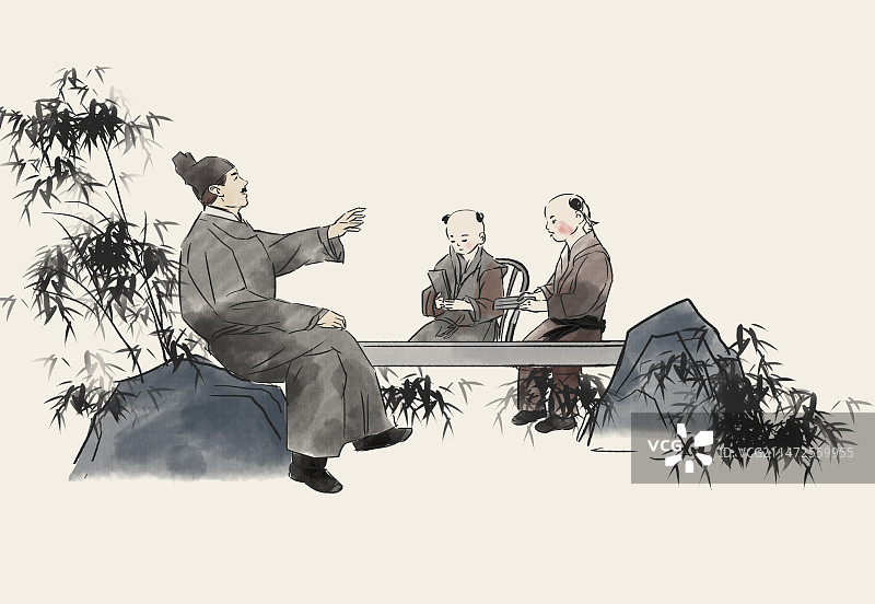 中国风新中式古风古典传统文化古装古人古代古时候私塾教育培养孩子读书趣味小孩水墨风插画图片素材