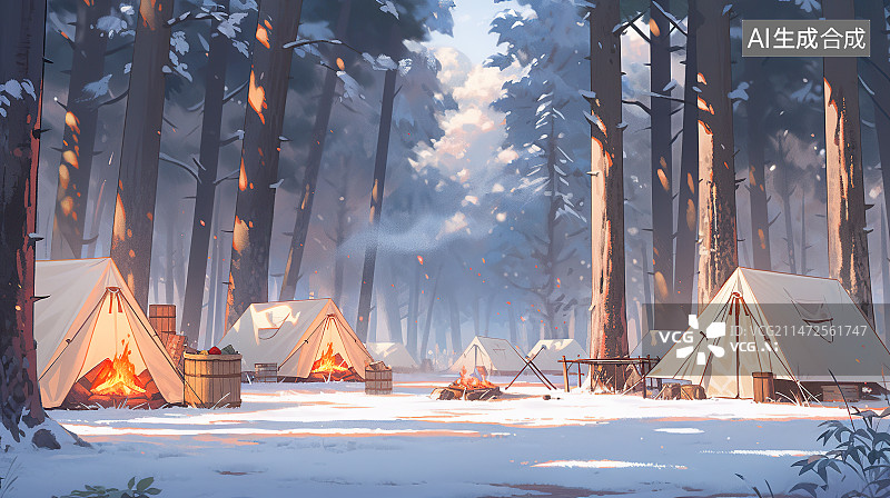 【AI数字艺术】冬天露营插画图片素材