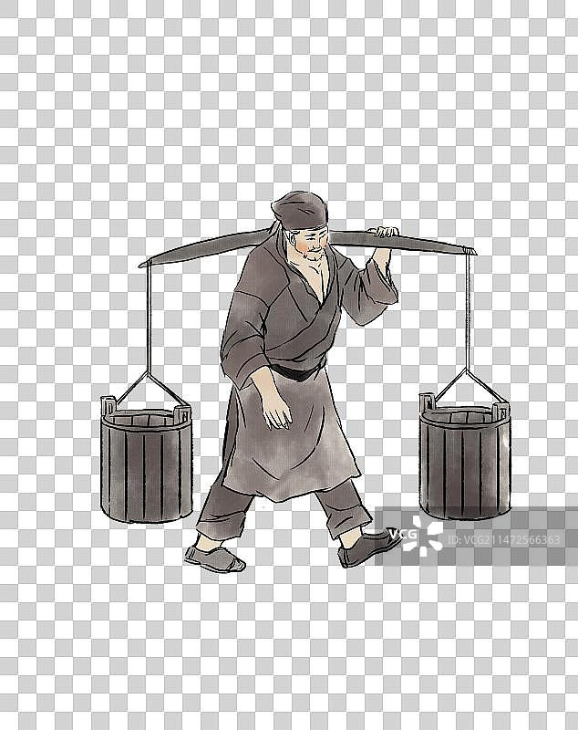 水墨风中国风新中式古风古典传统文化古人古装古代故事老人挑水劳动农民辛苦劳累工作干活插画图片素材