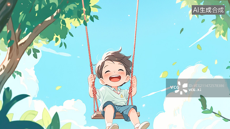 【AI数字艺术】一个微笑快乐的亚洲孩子在户外荡秋千图片素材