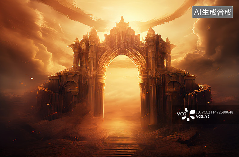 【AI数字艺术】日落时的天空映衬下的大教堂图片素材