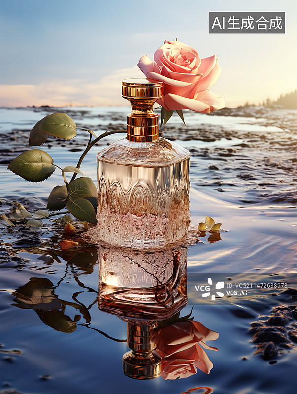 【AI数字艺术】海滩上有花的瓶子的特写镜头图片素材
