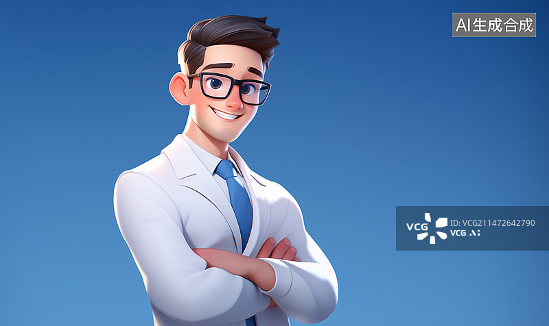【AI数字艺术】一位男性戴着眼镜穿着白色西装插画图片素材