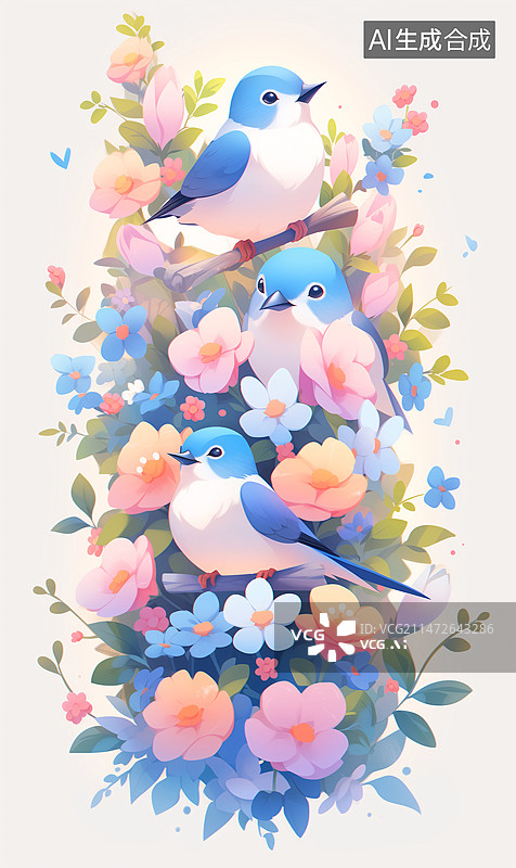 【AI数字艺术】三只可爱的小鸟站在花丛中插画图片素材