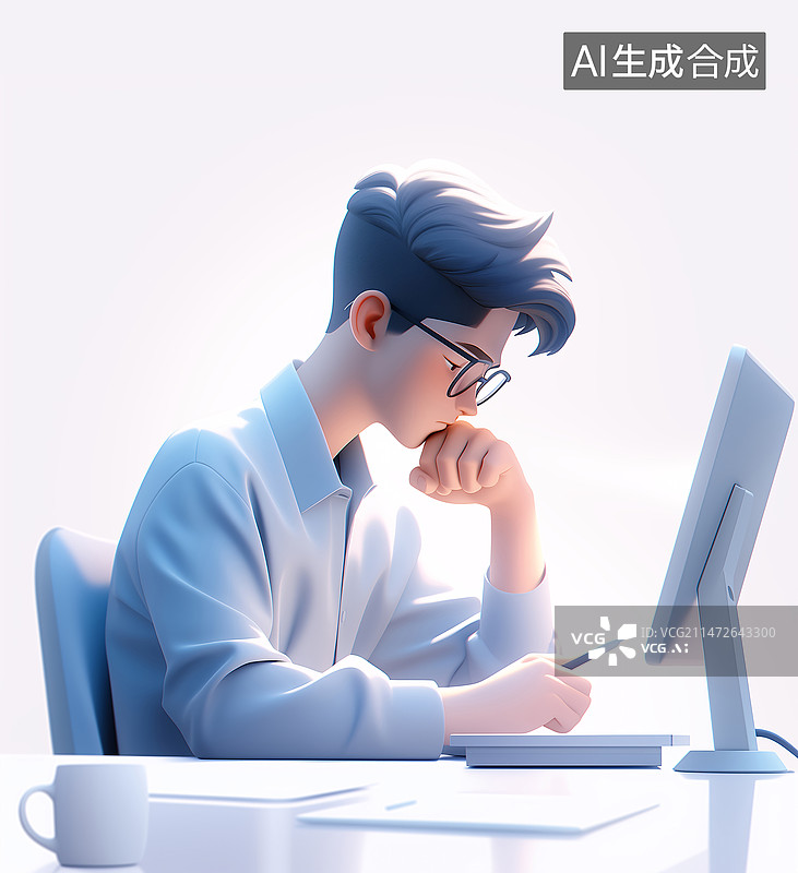 【AI数字艺术】一位男青年坐在办公桌前对着电脑在工作插画图片素材
