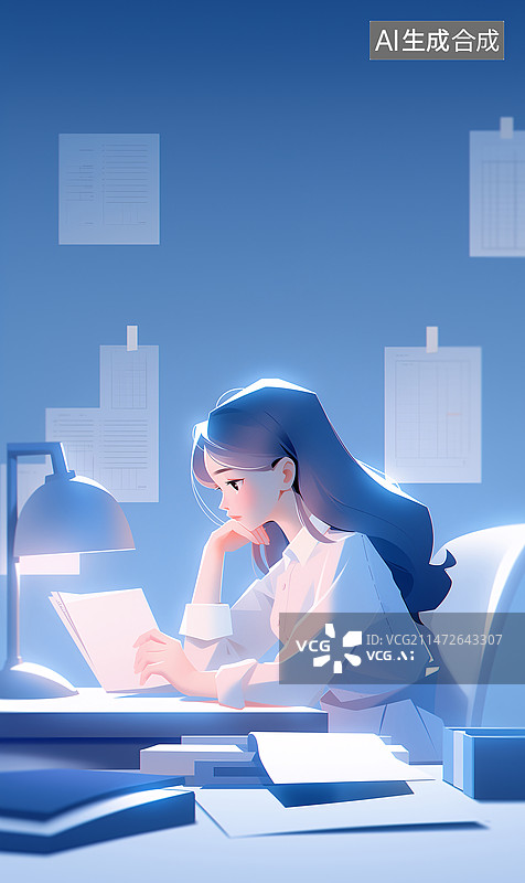 【AI数字艺术】一位长发美女开着台灯坐在办公桌前看文件插画图片素材