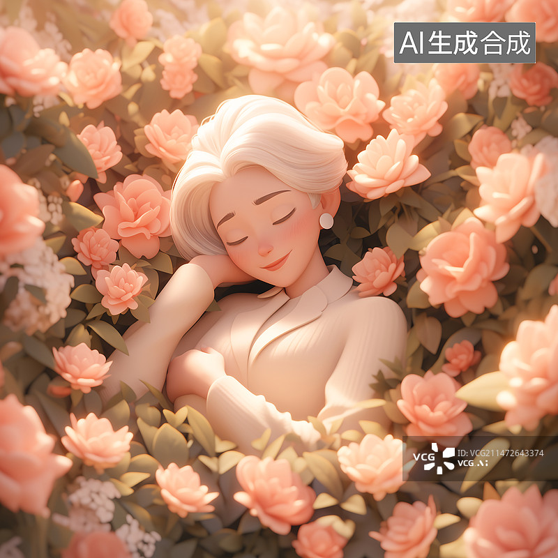 【AI数字艺术】一位银发老年女性躺在月季花丛中节日插画图片素材
