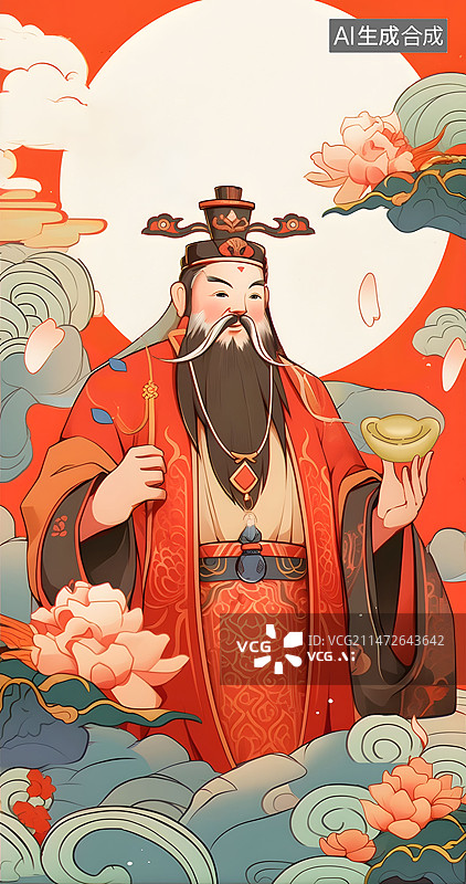 【AI数字艺术】财神爷拿着金元宝国潮插画图片素材