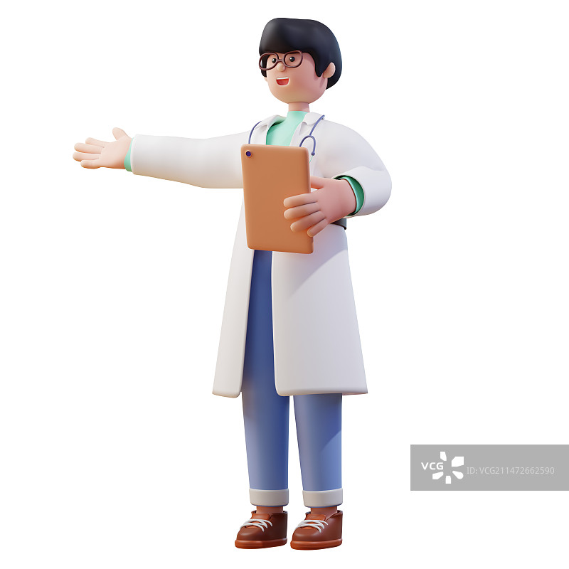 C4D渲染一个男医生左手拿平板文件，右手抬起在点击讲解内容姿势的卡通形象图片素材