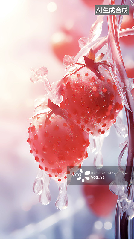 【AI数字艺术】冰晶草莓新鲜果汁图片素材