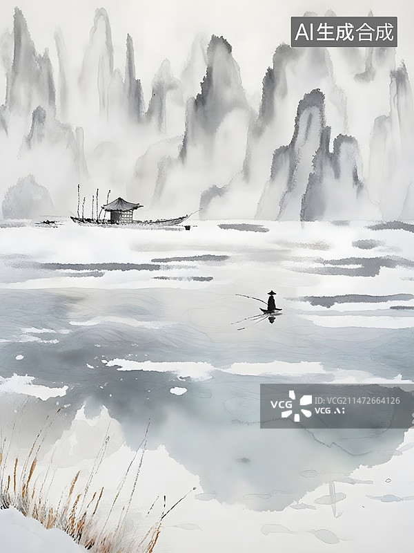 【AI数字艺术】江中垂钓的插画水墨画图片素材