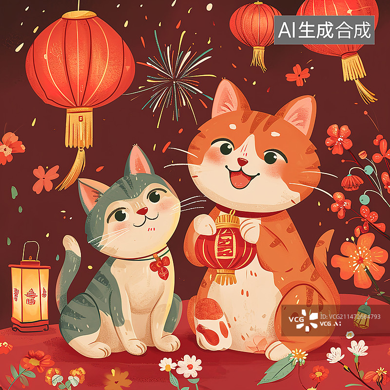 【AI数字艺术】两只可爱的猫一起祝节日插画图片素材