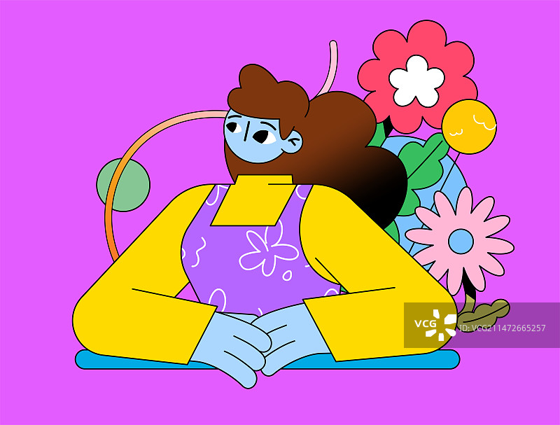 坐在花前面的女人在思念回忆矢量插画图片素材